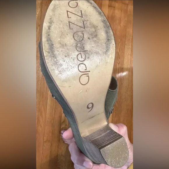 APEPAZZA Platform Sandals. Stacked Heel. Earthy Green Suede. - Picture 5 of 8